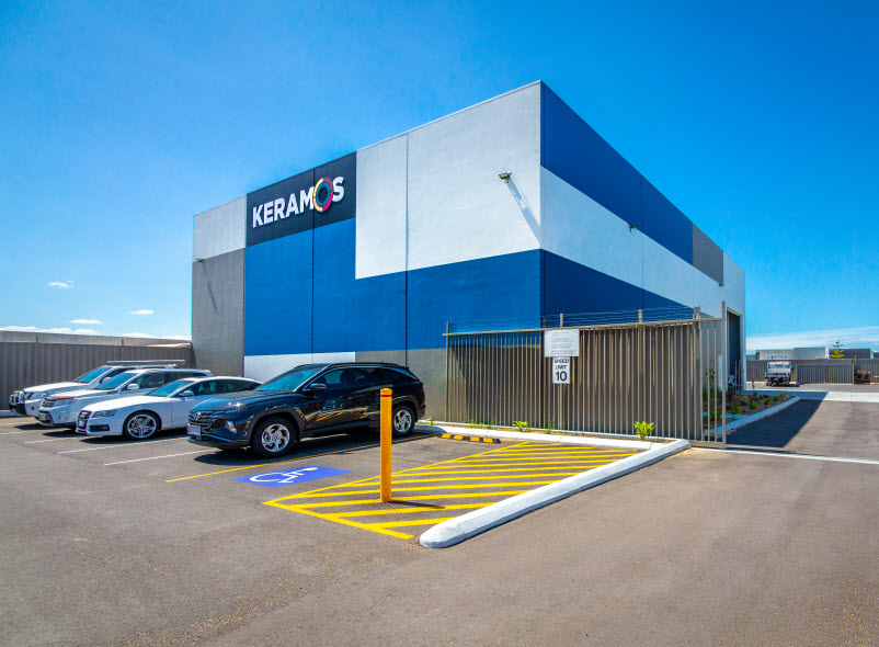 Blue and white building of Keramos